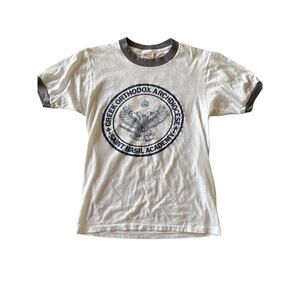 Vintage 60’s Greek Archdiocese USA Made Single Stitch White Blue XS Ringer Tee